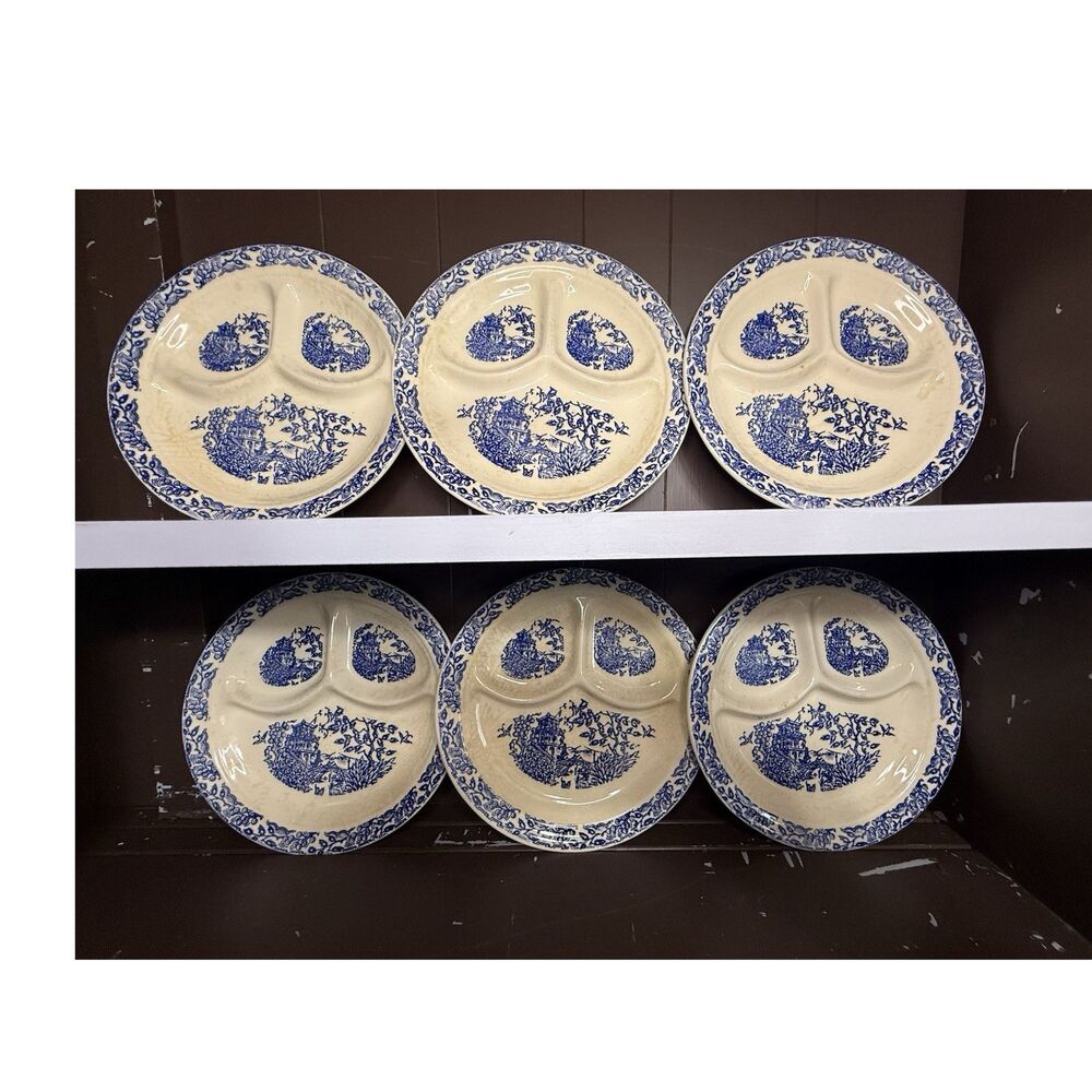 Set of 6 Blue Cream Willow Pattern Ceramic Divided Dinner Plates, 3 Compartments